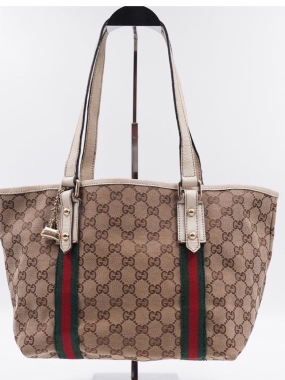 Gucci Beige GG Sherry Line Canvas Tote with Horse-bite Interior